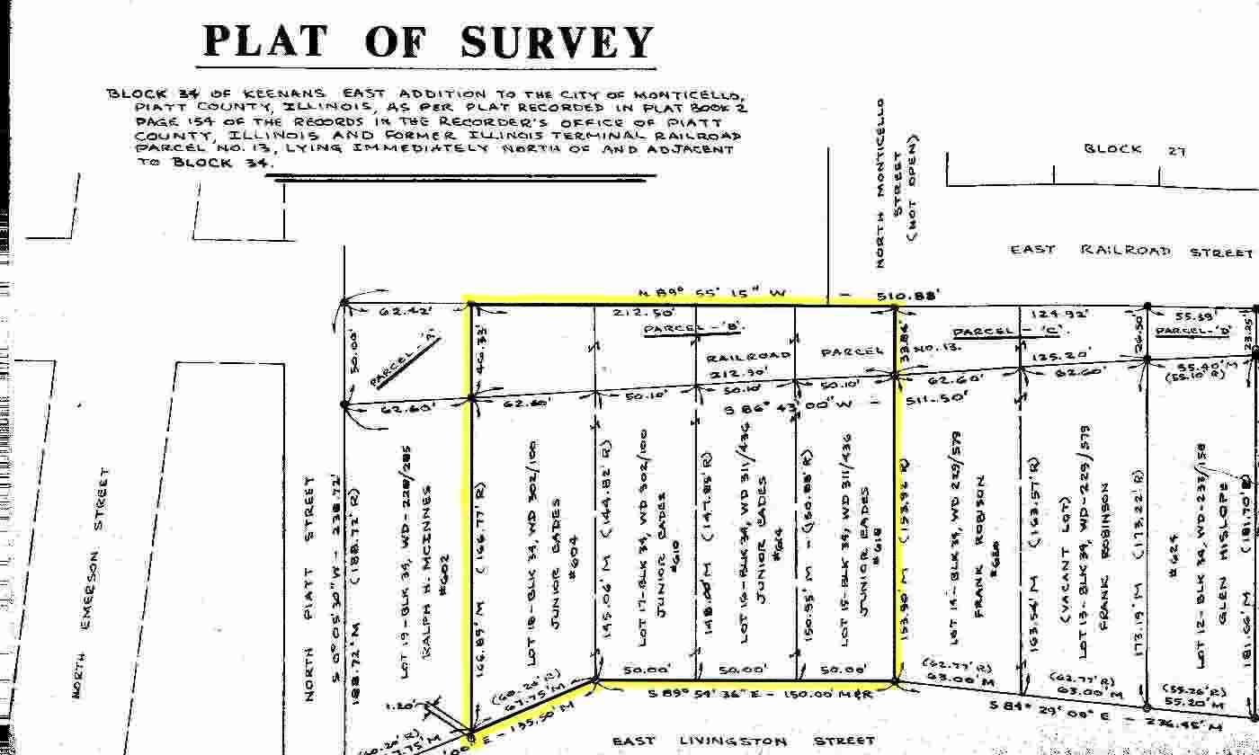 Plat of Survey 604, 610, 614, and 618 East Livingston Street, Monticello, Piatt County, Illinois 61856